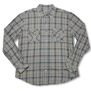 Vince Plaid Button Down Shirt Brown Blue SIZE L Long Sleeve Pockets 100% Cotton